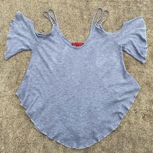 Saks Fifth Avenue XS Grey Waffle Knit Flutter Sleeve Cold Shoulder Top